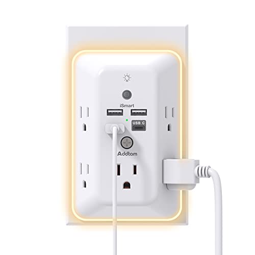 Surge Protector, Outlet Extender with Night Light, Addtam 5-Outlet Splitter and 4 USB Ports(1 USB C), Multi Plug Wall Outlet for Home Office Dorm...