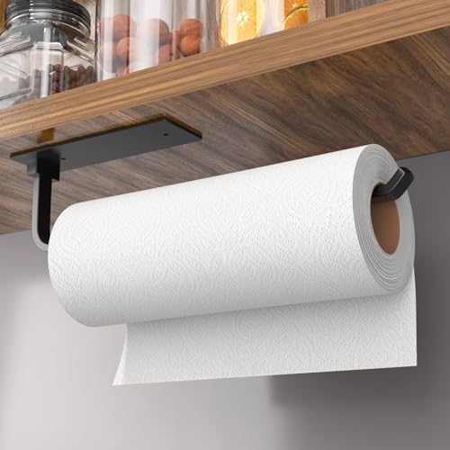 Paper Towel Holder - Self-Adhesive or Drilling, Matte Black Paper Towel Rack Under Cabinet for Kitchen, Upgraded Aluminum Kitchen Roll Holder -...