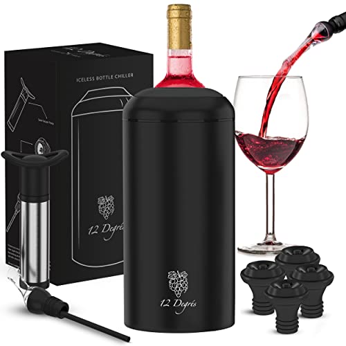 12 Degrés Iceless Wine Chiller Set - Perfect Wine Gifts for Women and Men Including Stainless Steel Insulated Wine Bottle Cooler with Wine Pump,...