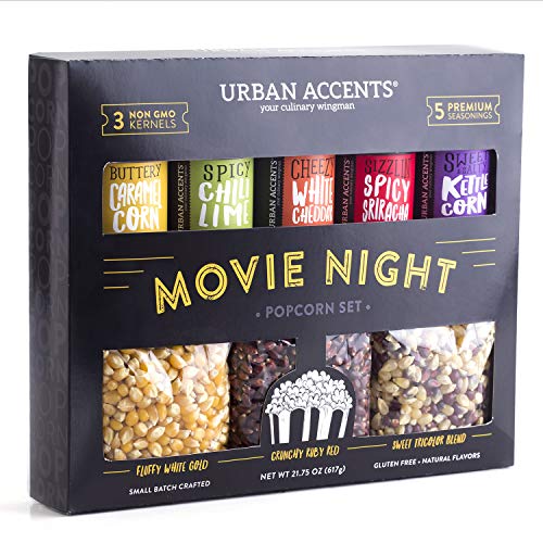 Urban Accents MOVIE NIGHT Popcorn Kernels and Popcorn Seasoning Variety Pack (set of 8) - 3 Non-GMO Popcorn Kernel Packs and 5 Gourmet Popcorn...