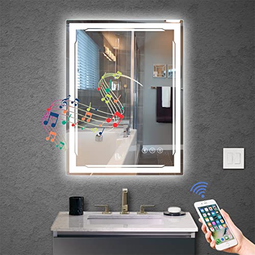 M LTMIRROR 24x32 Lighted Bathroom Mirror with Bluetooth Speaker - Smart LED Vanity Makeup Wall Mounted Mirrors - 3 Lights Setting Anti-Fog...