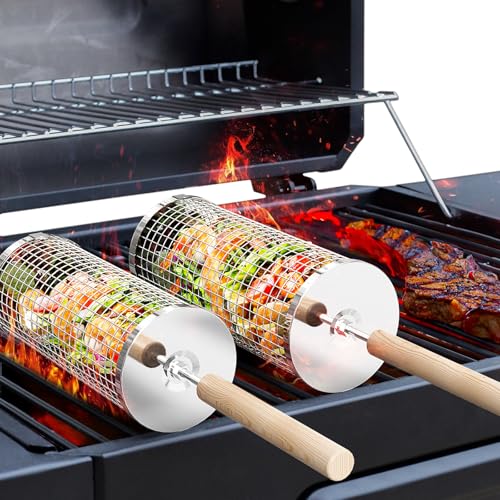 Ivtivfu Nesting Grill Baskets (2PCS), Removable Wooden Handle, 304 Stainless Steel, Rolling Grilling Net, BBQ Accessories Tools for Vegetables...