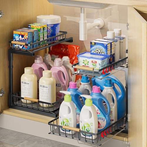 Delamu 2 Pack Under Sink Organizer and Storage, 2 Tier Pull Out Cabinet Organizer, Slide Out Under Sink Storage Shelf, Undersink Organizers...