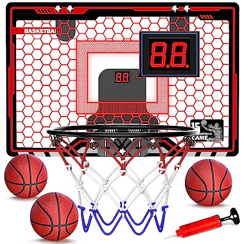 HopeRock Indoor Basketball Hoop for Kids, Over The Door Mini Basketball Hoops, LED Light Mini Hoop with Electronic Scoreboard, Birthday Toys...